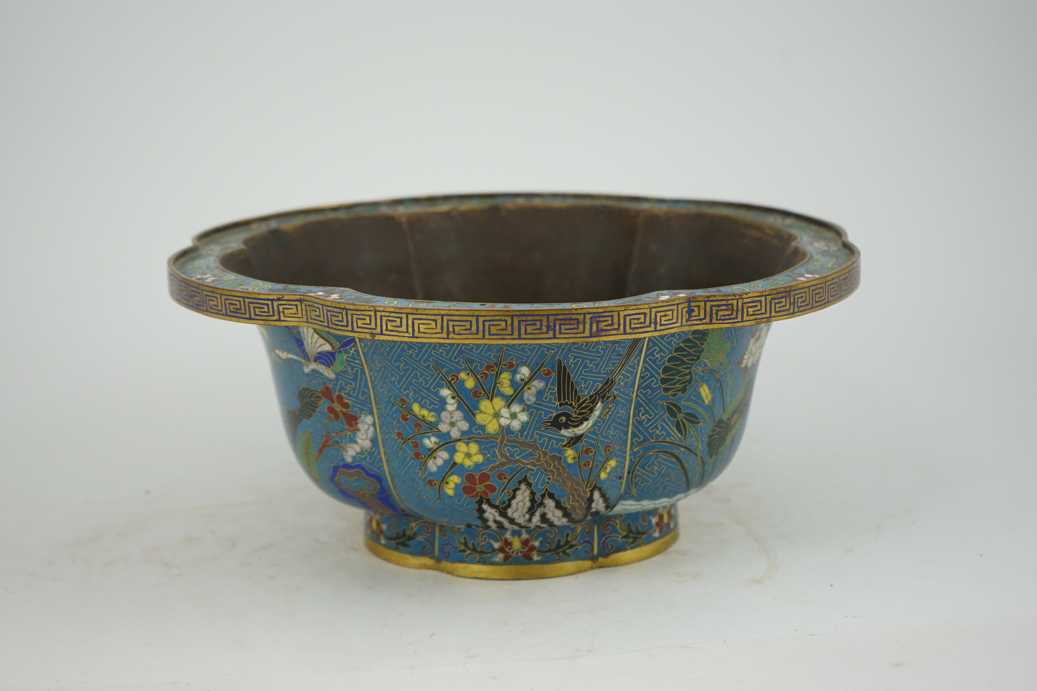 A Chinese cloisonné polychrome enamel petal lobed jardiniere, Jiaqing period